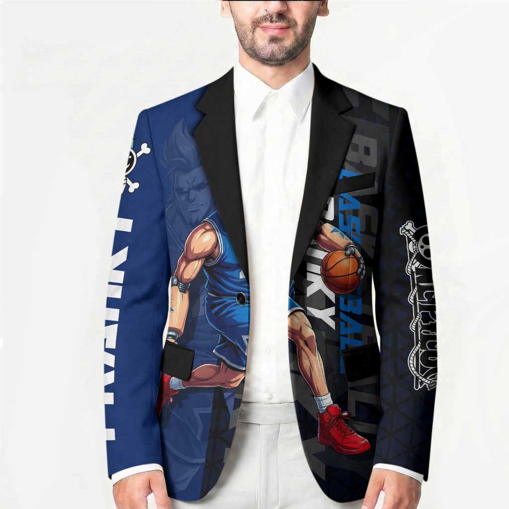 Franky One Piece Basketball Crossover Design Blazer with Blue Uniform and Mechanical Arm Action Pose - The Mazicc