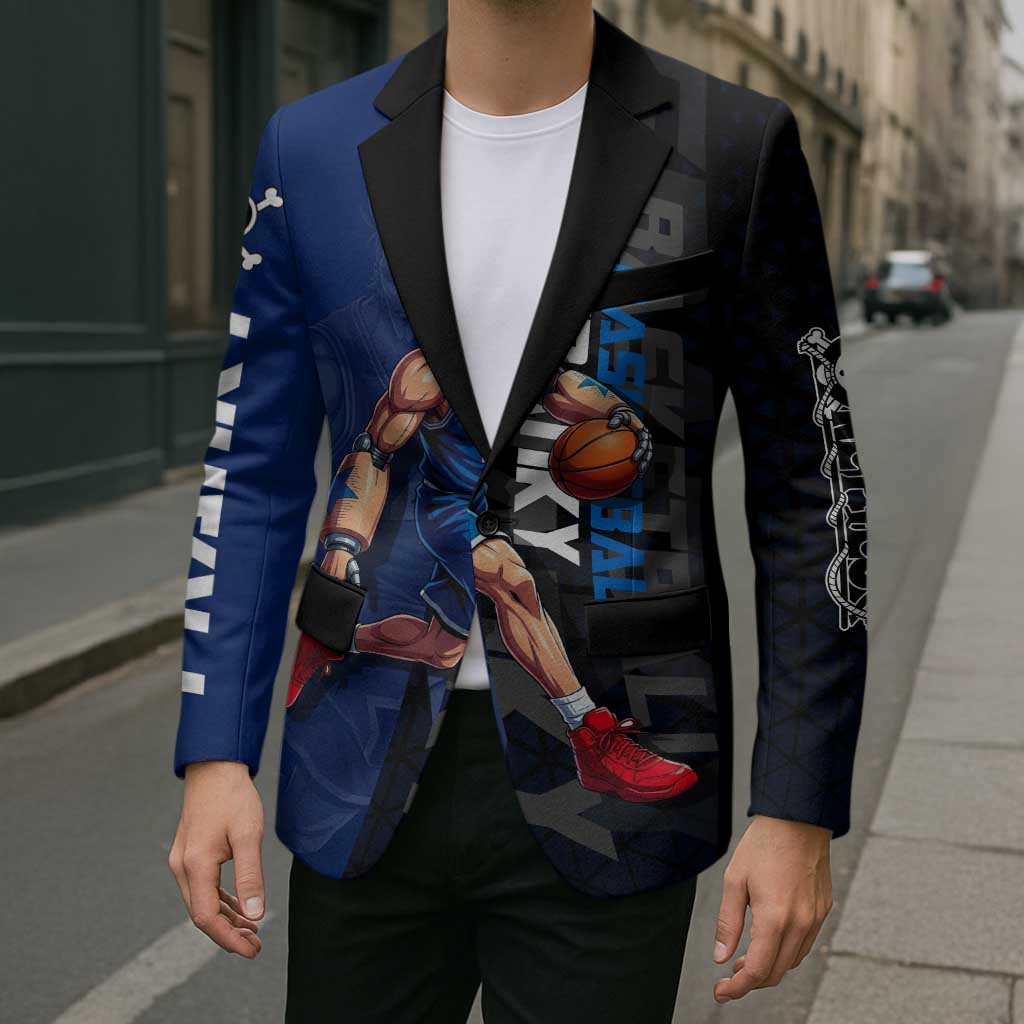 Franky One Piece Basketball Crossover Design Blazer with Blue Uniform and Mechanical Arm Action Pose - The Mazicc