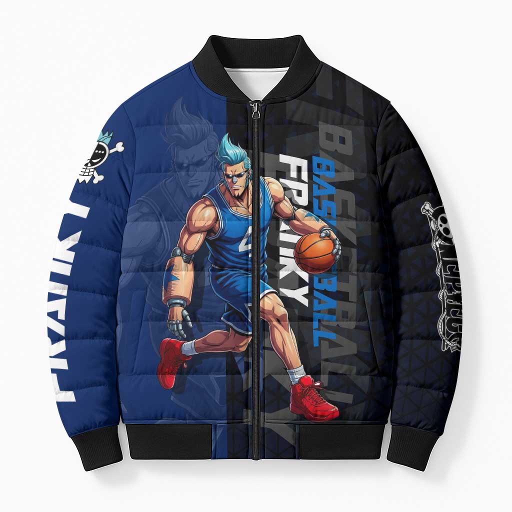Franky One Piece Basketball Crossover Design Bomber Puffer Jacket with Blue Uniform and Mechanical Arm Action Pose - The Mazicc