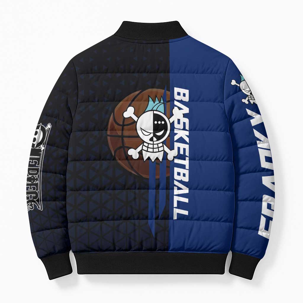 Franky One Piece Basketball Crossover Design Bomber Puffer Jacket with Blue Uniform and Mechanical Arm Action Pose - The Mazicc