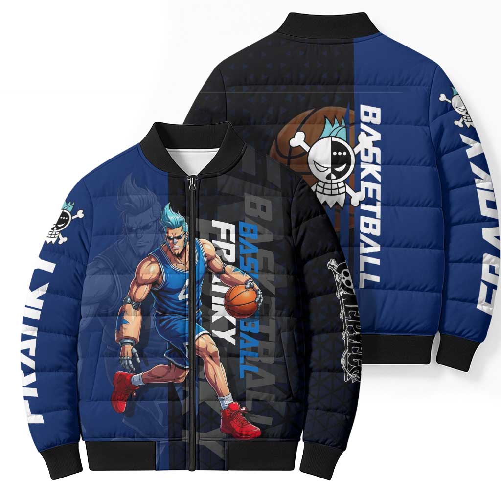 Franky One Piece Basketball Crossover Design Bomber Puffer Jacket with Blue Uniform and Mechanical Arm Action Pose - The Mazicc