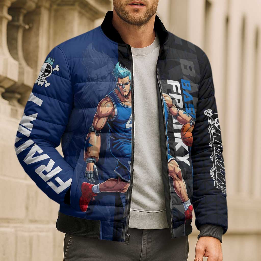 Franky One Piece Basketball Crossover Design Bomber Puffer Jacket with Blue Uniform and Mechanical Arm Action Pose - The Mazicc