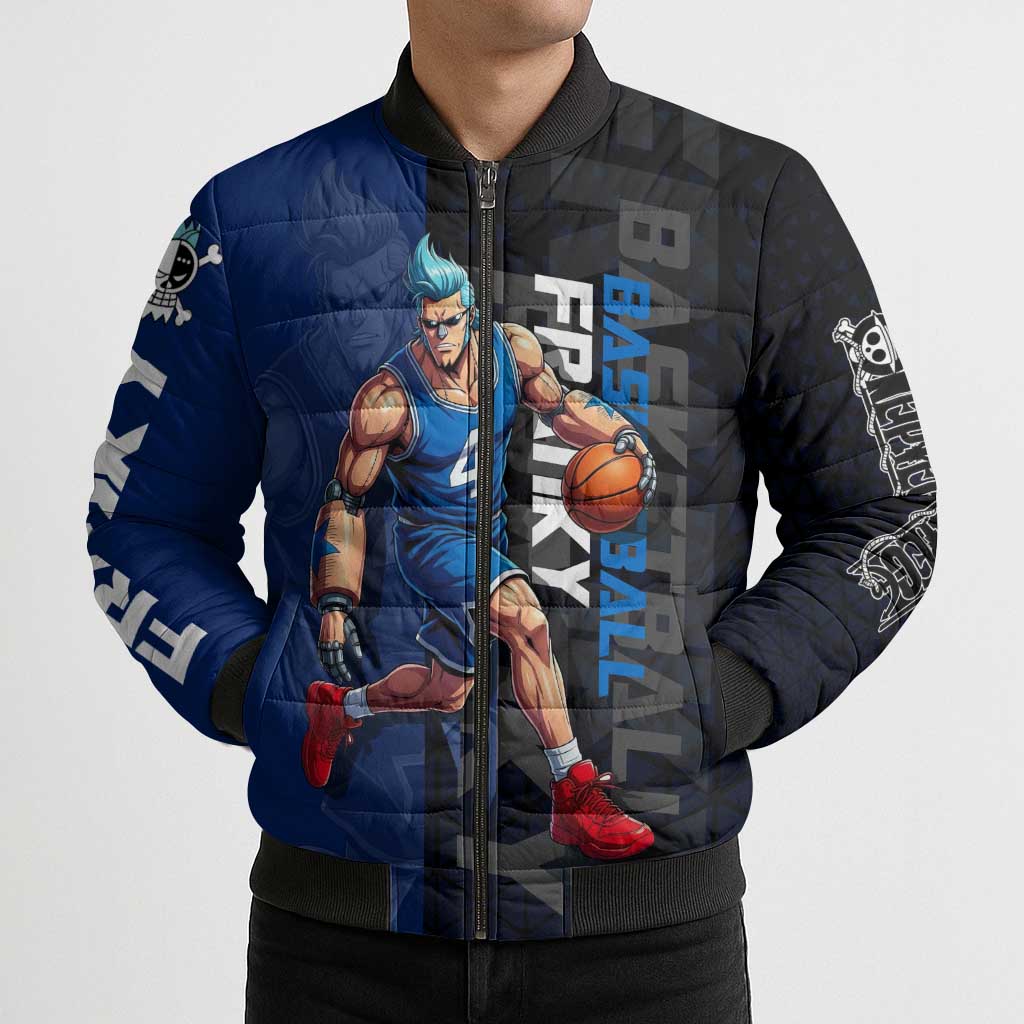 Franky One Piece Basketball Crossover Design Bomber Puffer Jacket with Blue Uniform and Mechanical Arm Action Pose - The Mazicc
