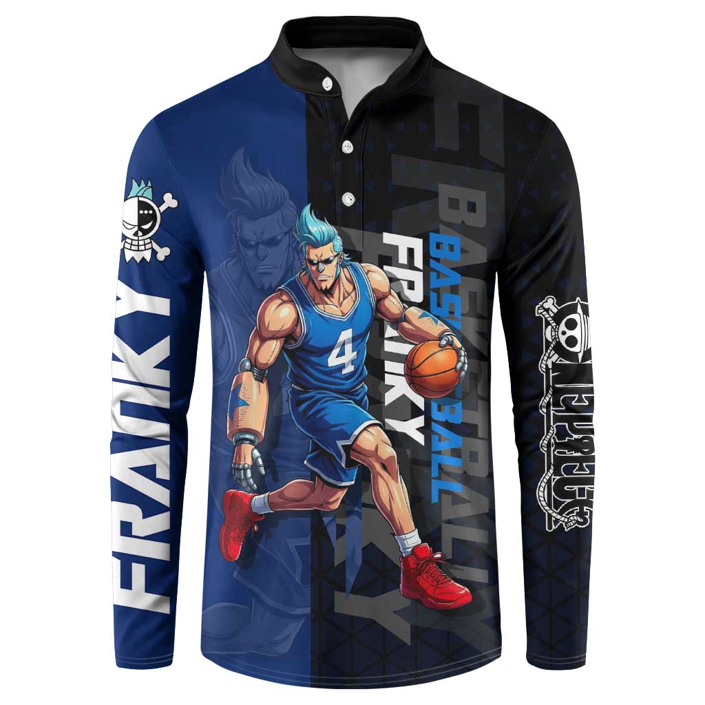 Franky One Piece Basketball Crossover Design Button Sweatshirt with Blue Uniform and Mechanical Arm Action Pose - The Mazicc
