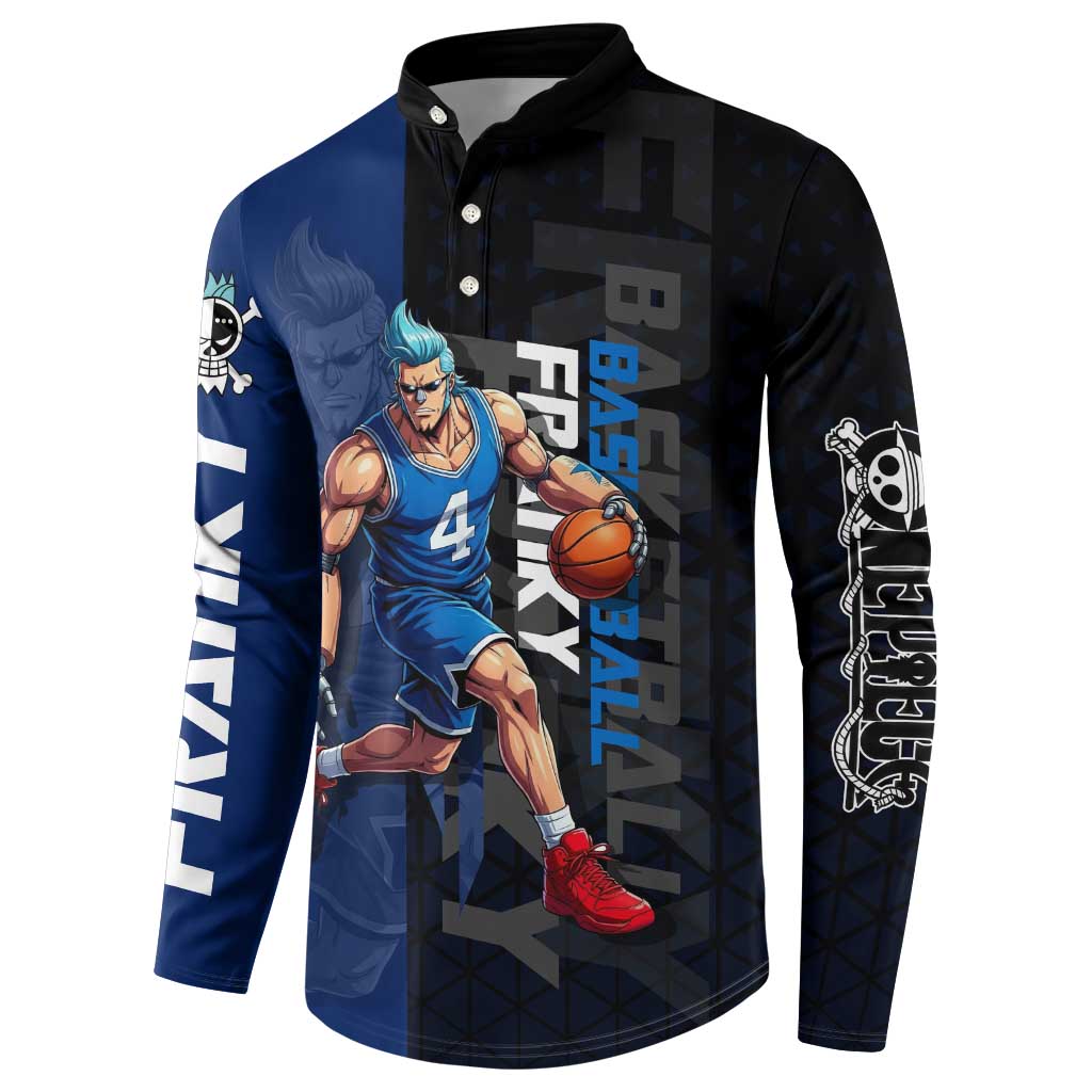 Franky One Piece Basketball Crossover Design Button Sweatshirt with Blue Uniform and Mechanical Arm Action Pose - The Mazicc