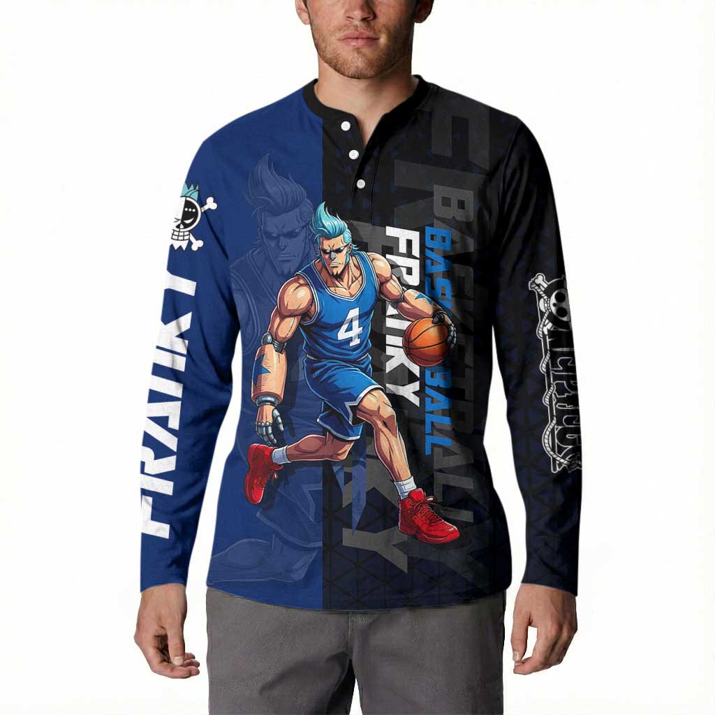 Franky One Piece Basketball Crossover Design Button Sweatshirt with Blue Uniform and Mechanical Arm Action Pose - The Mazicc