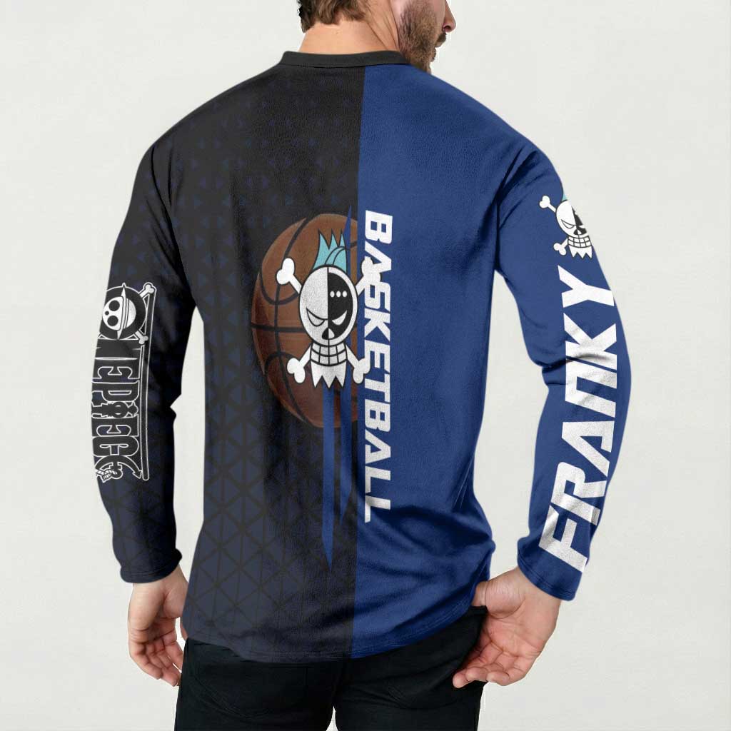 Franky One Piece Basketball Crossover Design Button Sweatshirt with Blue Uniform and Mechanical Arm Action Pose - The Mazicc