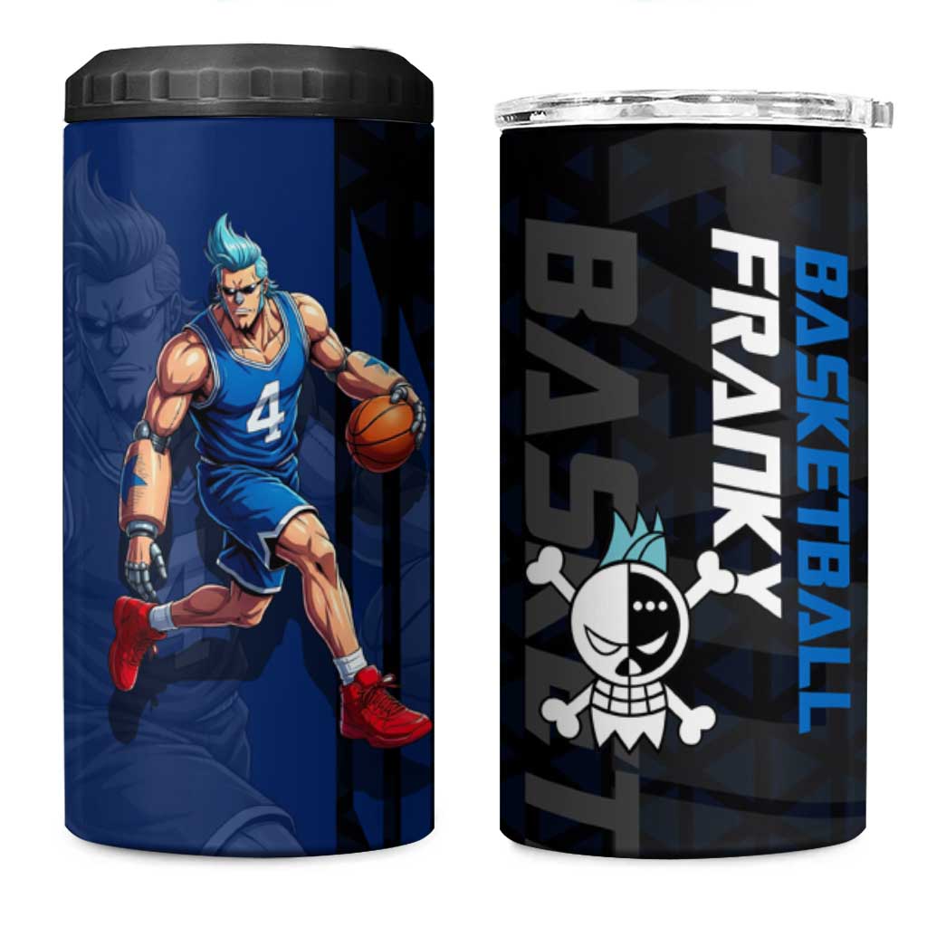 Franky One Piece Basketball Crossover Design 4 in 1 Can Cooler Tumbler with Blue Uniform and Mechanical Arm Action Pose - The Mazicc