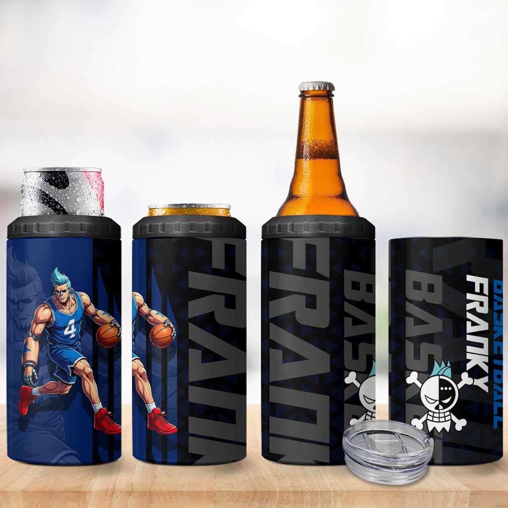 Franky One Piece Basketball Crossover Design 4 in 1 Can Cooler Tumbler with Blue Uniform and Mechanical Arm Action Pose - The Mazicc