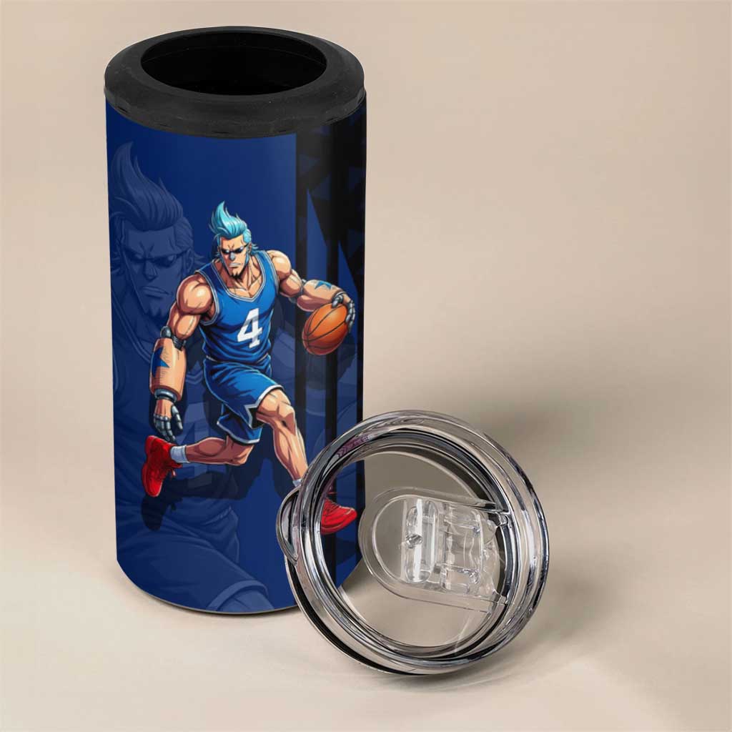Franky One Piece Basketball Crossover Design 4 in 1 Can Cooler Tumbler with Blue Uniform and Mechanical Arm Action Pose - The Mazicc
