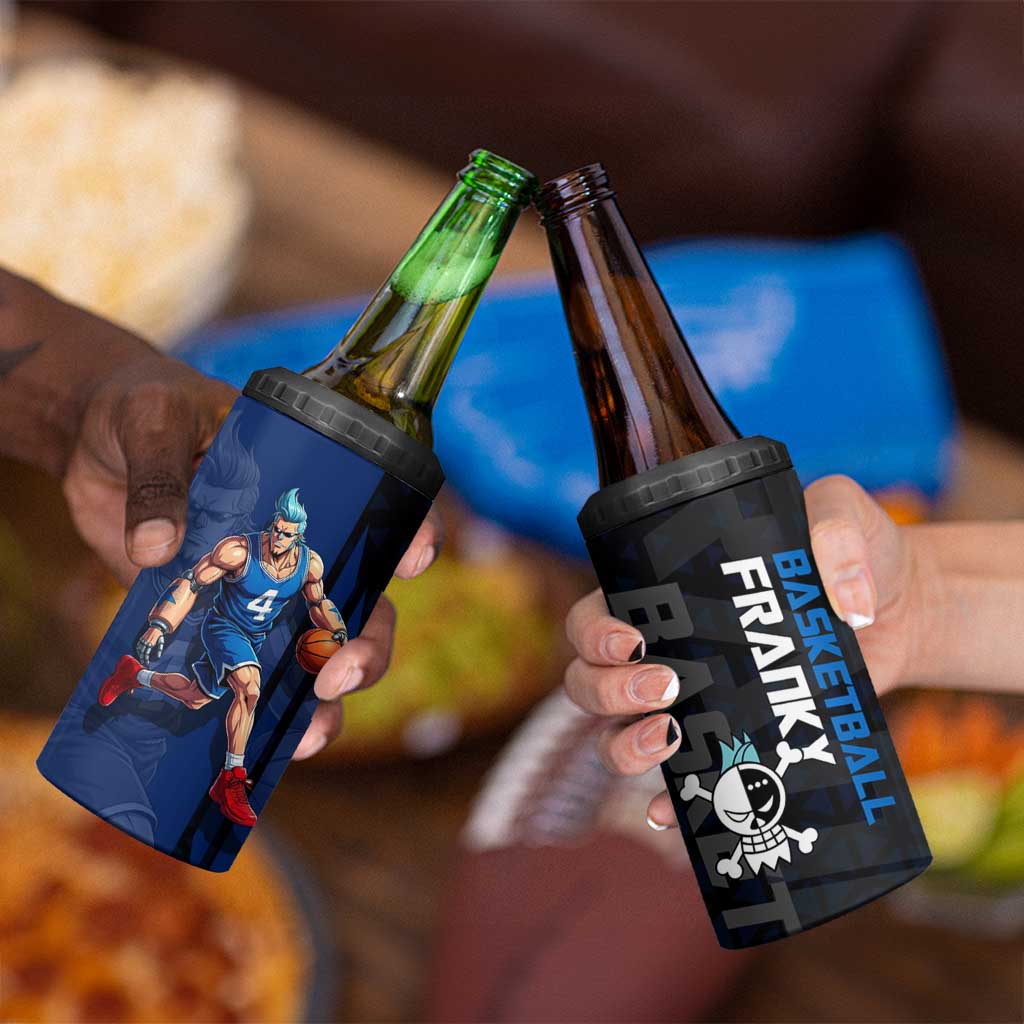 Franky One Piece Basketball Crossover Design 4 in 1 Can Cooler Tumbler with Blue Uniform and Mechanical Arm Action Pose - The Mazicc