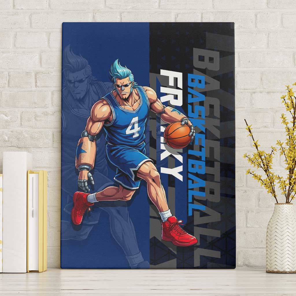 Franky One Piece Basketball Crossover Design Canvas Wall Art with Blue Uniform and Mechanical Arm Action Pose - The Mazicc