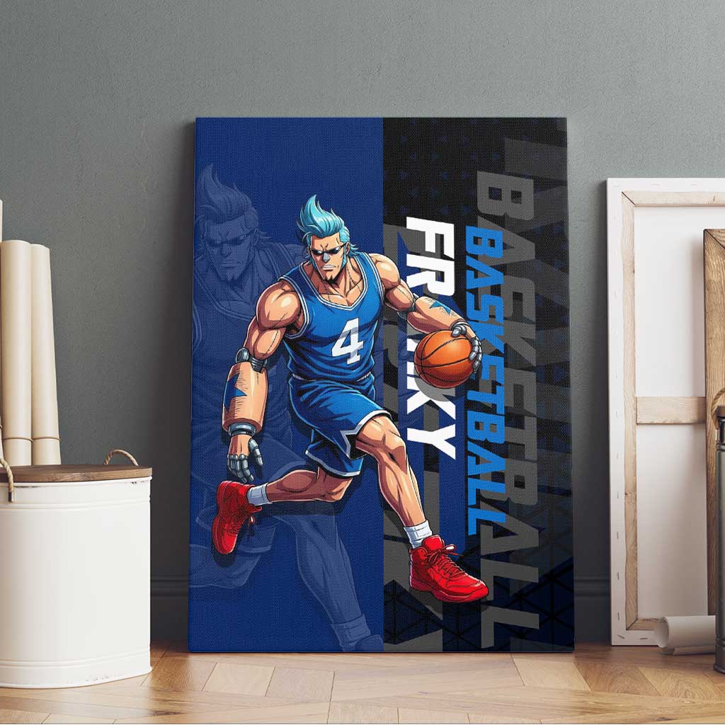 Franky One Piece Basketball Crossover Design Canvas Wall Art with Blue Uniform and Mechanical Arm Action Pose - The Mazicc