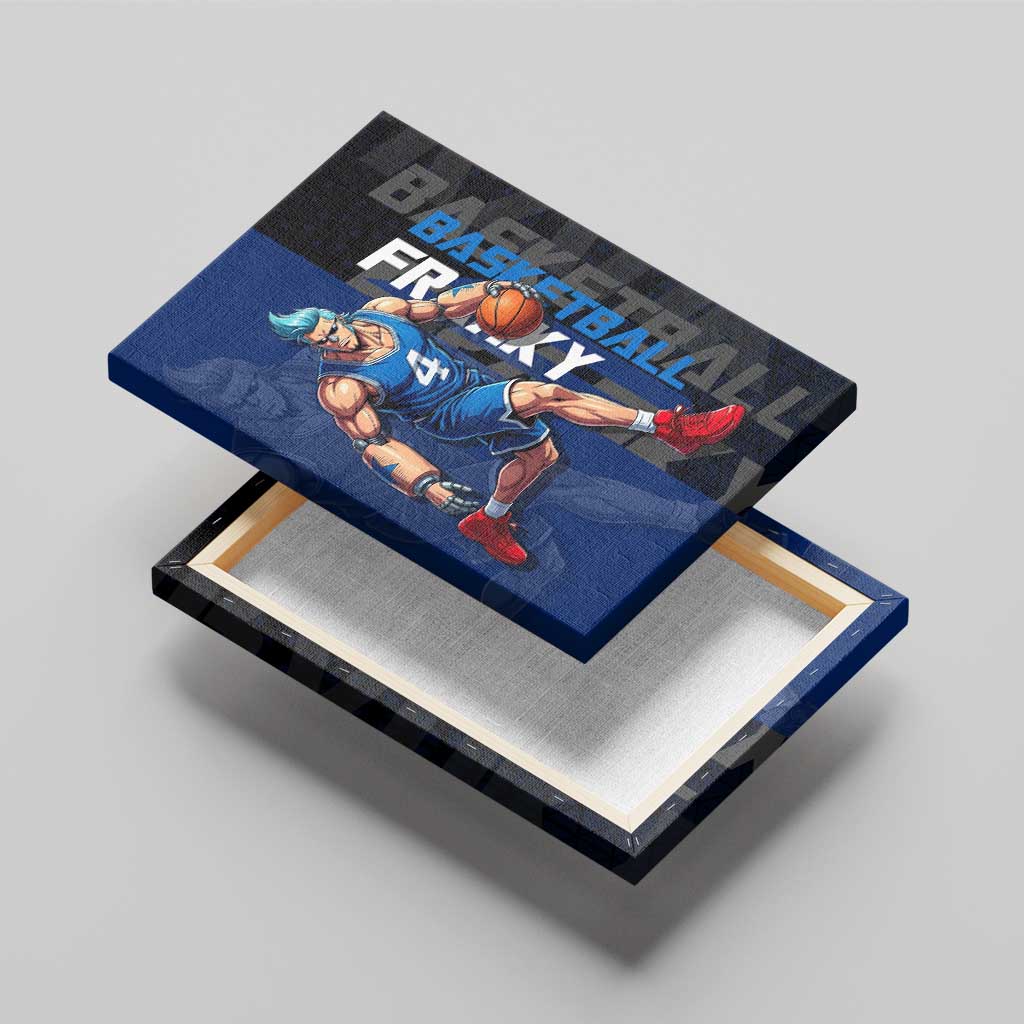 Franky One Piece Basketball Crossover Design Canvas Wall Art with Blue Uniform and Mechanical Arm Action Pose - The Mazicc
