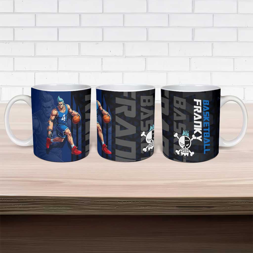 Franky One Piece Basketball Crossover Design Ceramic Mug with Blue Uniform and Mechanical Arm Action Pose - The Mazicc
