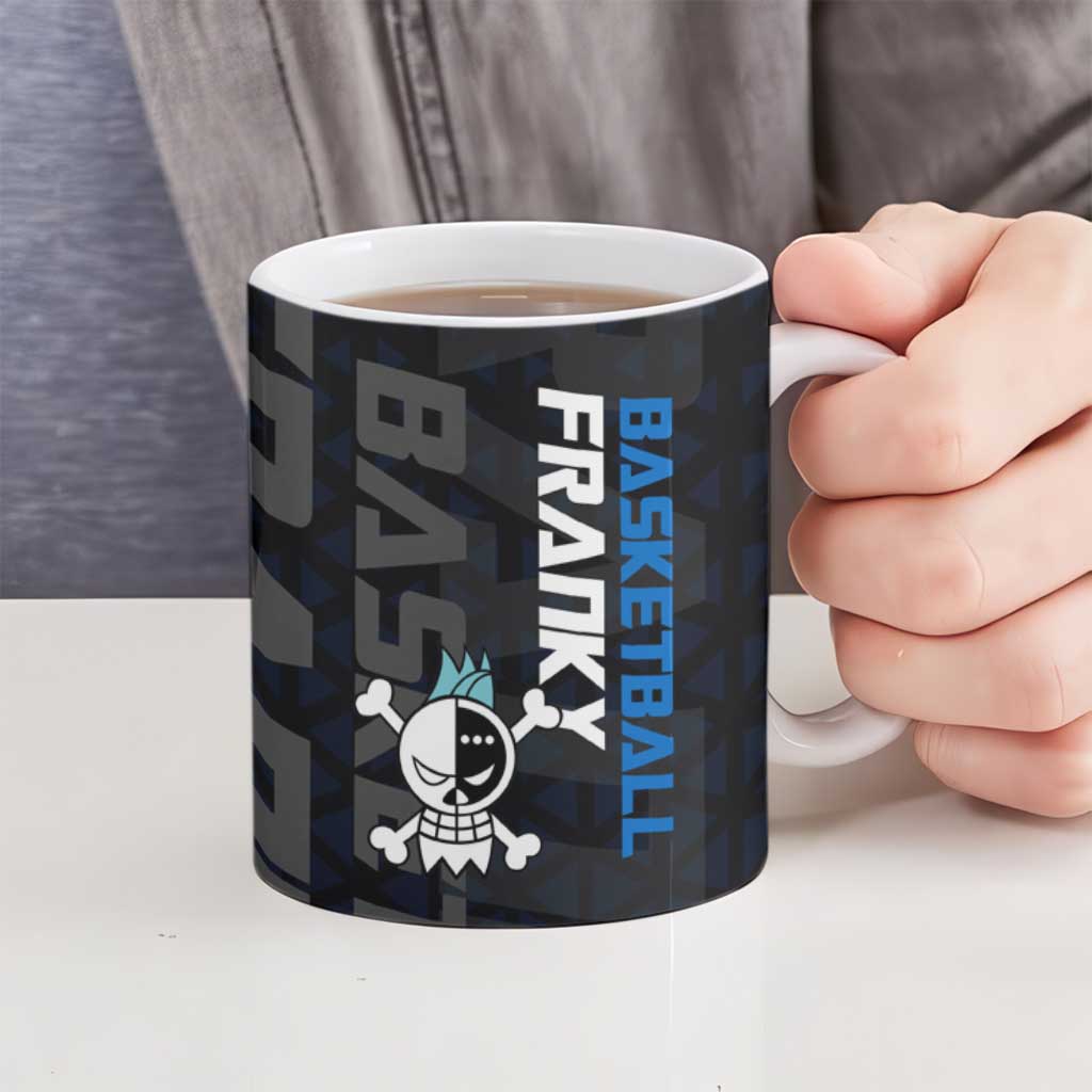 Franky One Piece Basketball Crossover Design Ceramic Mug with Blue Uniform and Mechanical Arm Action Pose - The Mazicc