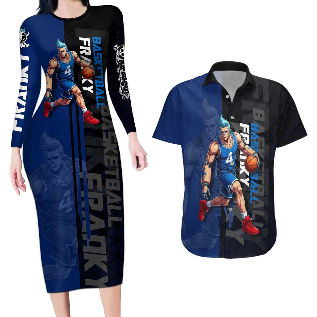 Franky One Piece Basketball Crossover Design Couples Matching Long Sleeve Bodycon Dress and Hawaiian Shirt with Blue Uniform and Mechanical Arm Action Pose - The Mazicc
