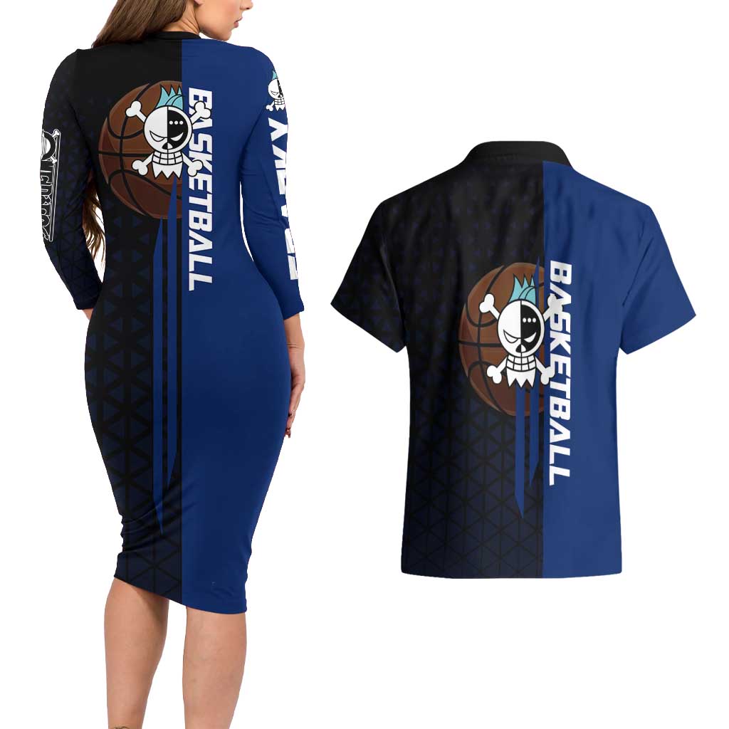 Franky One Piece Basketball Crossover Design Couples Matching Long Sleeve Bodycon Dress and Hawaiian Shirt with Blue Uniform and Mechanical Arm Action Pose - The Mazicc
