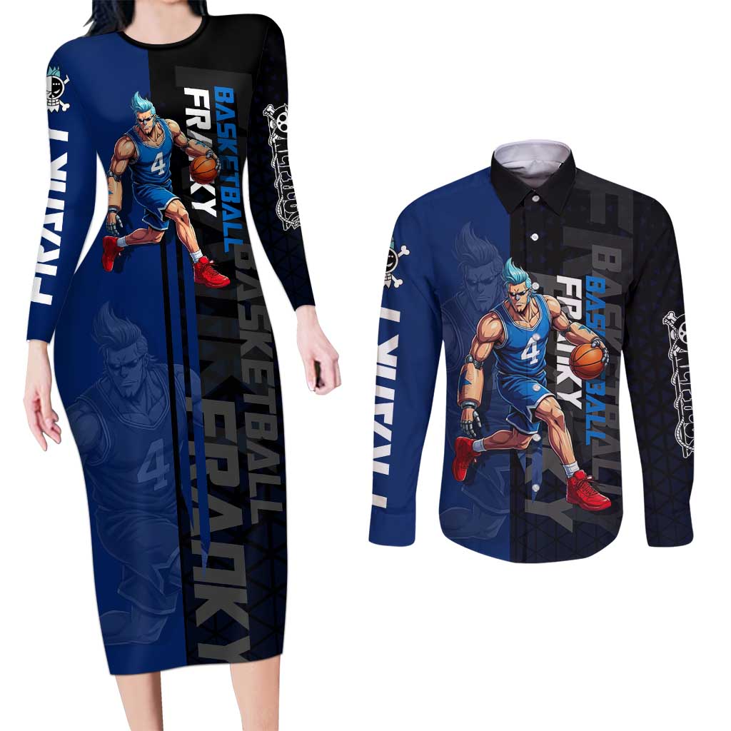 Franky One Piece Basketball Crossover Design Couples Matching Long Sleeve Bodycon Dress and Long Sleeve Button Shirt with Blue Uniform and Mechanical Arm Action Pose - The Mazicc