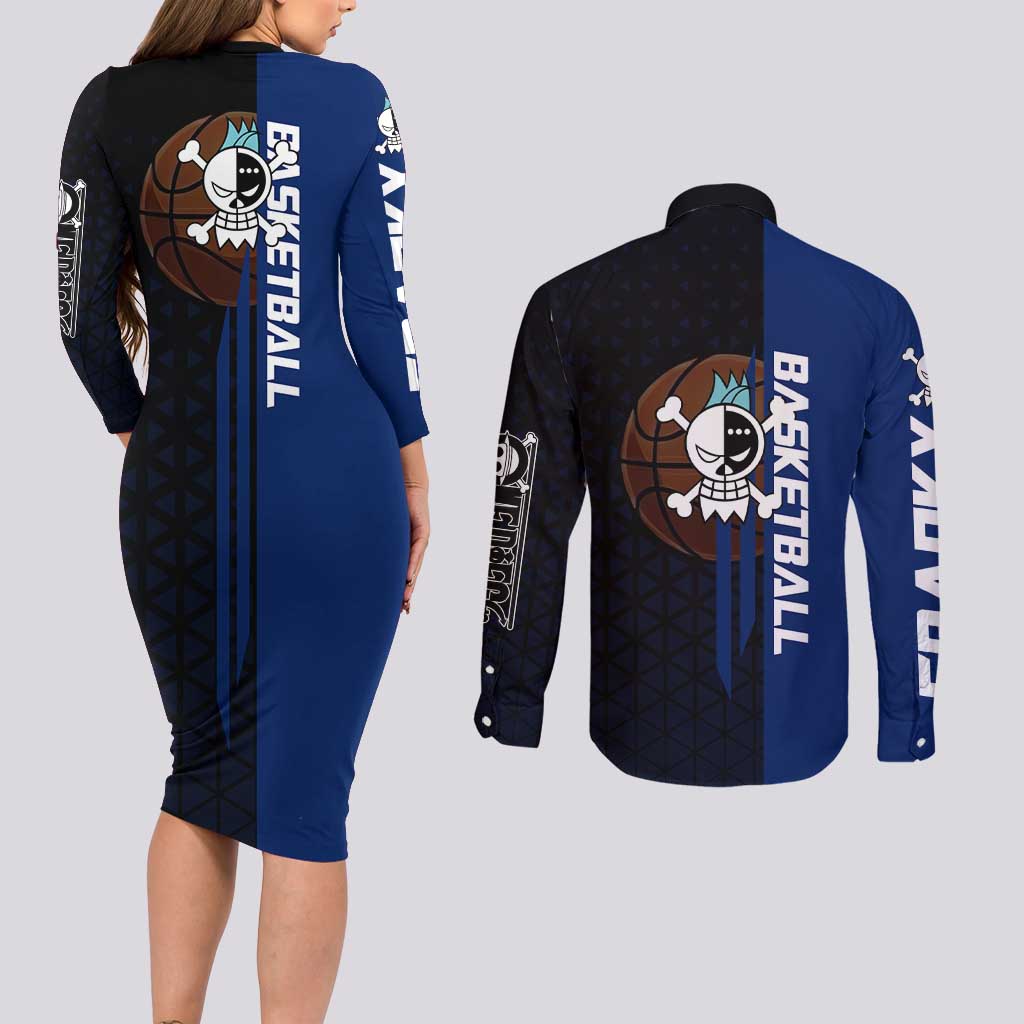 Franky One Piece Basketball Crossover Design Couples Matching Long Sleeve Bodycon Dress and Long Sleeve Button Shirt with Blue Uniform and Mechanical Arm Action Pose - The Mazicc