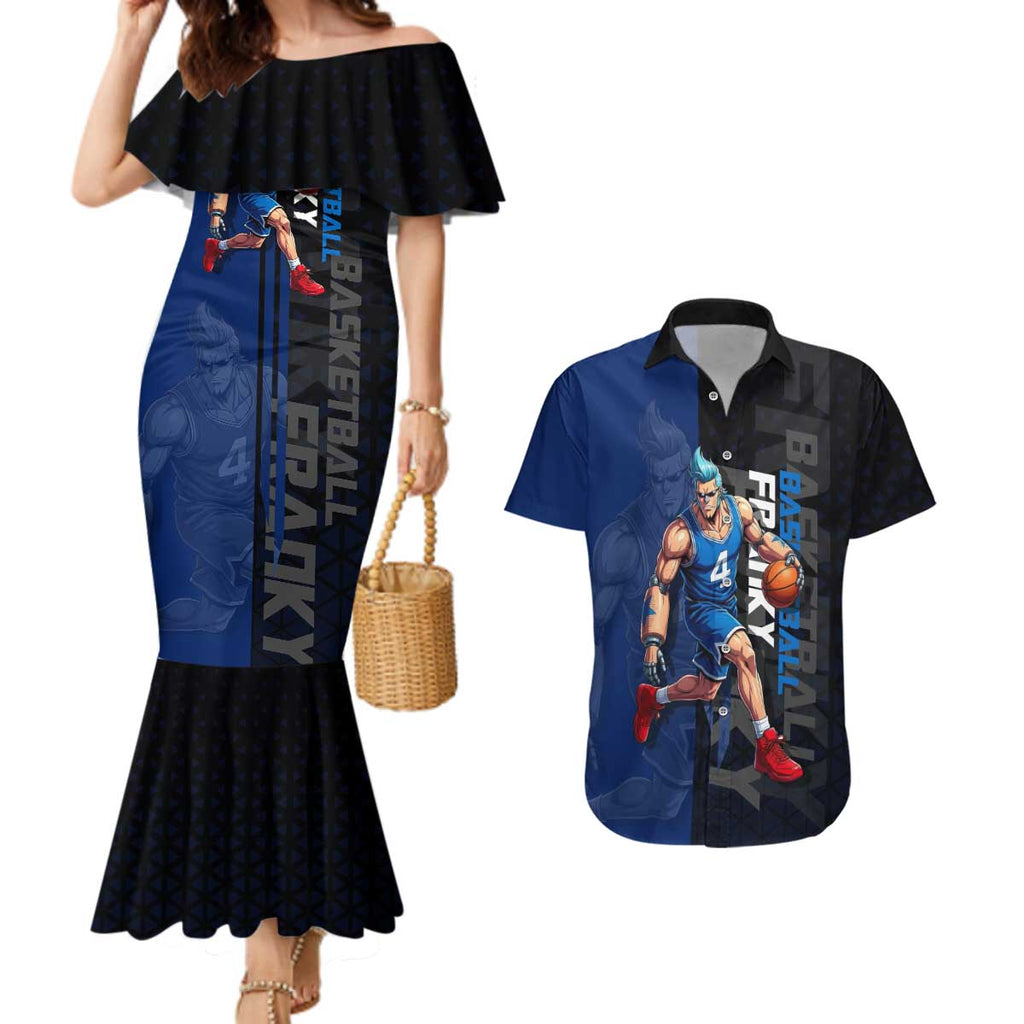 Franky One Piece Basketball Crossover Design Couples Matching Mermaid Dress and Hawaiian Shirt with Blue Uniform and Mechanical Arm Action Pose - The Mazicc
