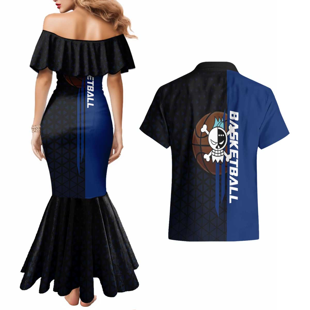 Franky One Piece Basketball Crossover Design Couples Matching Mermaid Dress and Hawaiian Shirt with Blue Uniform and Mechanical Arm Action Pose - The Mazicc