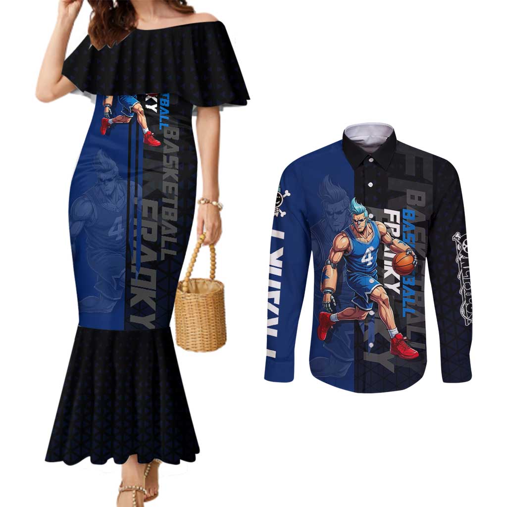 Franky One Piece Basketball Crossover Design Couples Matching Mermaid Dress and Long Sleeve Button Shirt with Blue Uniform and Mechanical Arm Action Pose - The Mazicc