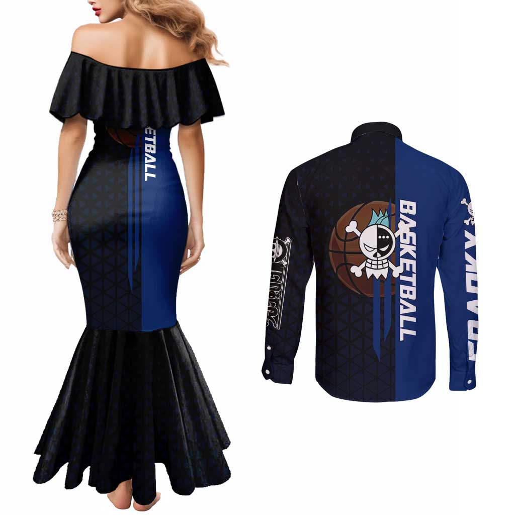 Franky One Piece Basketball Crossover Design Couples Matching Mermaid Dress and Long Sleeve Button Shirt with Blue Uniform and Mechanical Arm Action Pose - The Mazicc