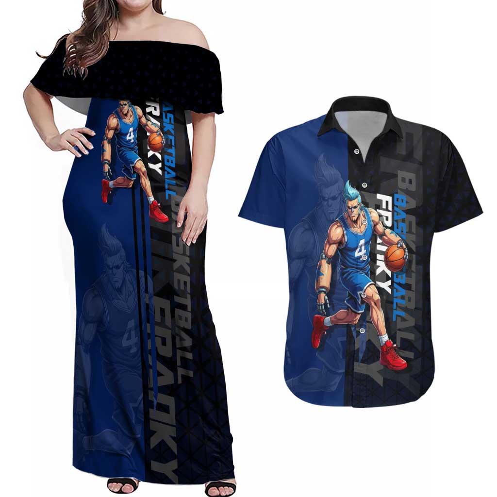 Franky One Piece Basketball Crossover Design Couples Matching Off Shoulder Maxi Dress and Hawaiian Shirt with Blue Uniform and Mechanical Arm Action Pose - The Mazicc