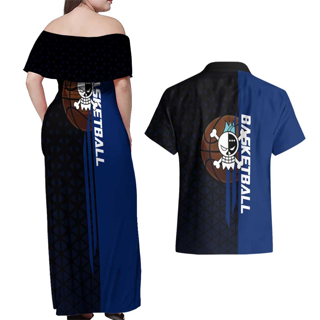 Franky One Piece Basketball Crossover Design Couples Matching Off Shoulder Maxi Dress and Hawaiian Shirt with Blue Uniform and Mechanical Arm Action Pose - The Mazicc