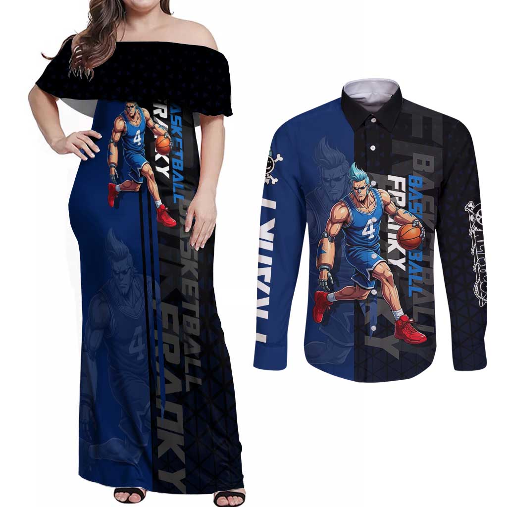 Franky One Piece Basketball Crossover Design Couples Matching Off Shoulder Maxi Dress and Long Sleeve Button Shirt with Blue Uniform and Mechanical Arm Action Pose - The Mazicc