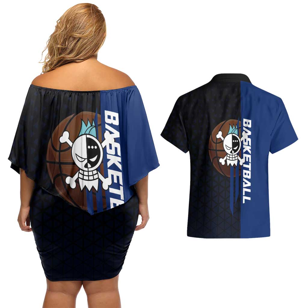 Franky One Piece Basketball Crossover Design Couples Matching Off Shoulder Short Dress and Hawaiian Shirt with Blue Uniform and Mechanical Arm Action Pose - The Mazicc