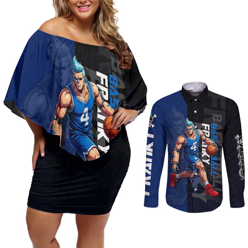 Franky One Piece Basketball Crossover Design Couples Matching Off Shoulder Short Dress and Long Sleeve Button Shirt with Blue Uniform and Mechanical Arm Action Pose - The Mazicc