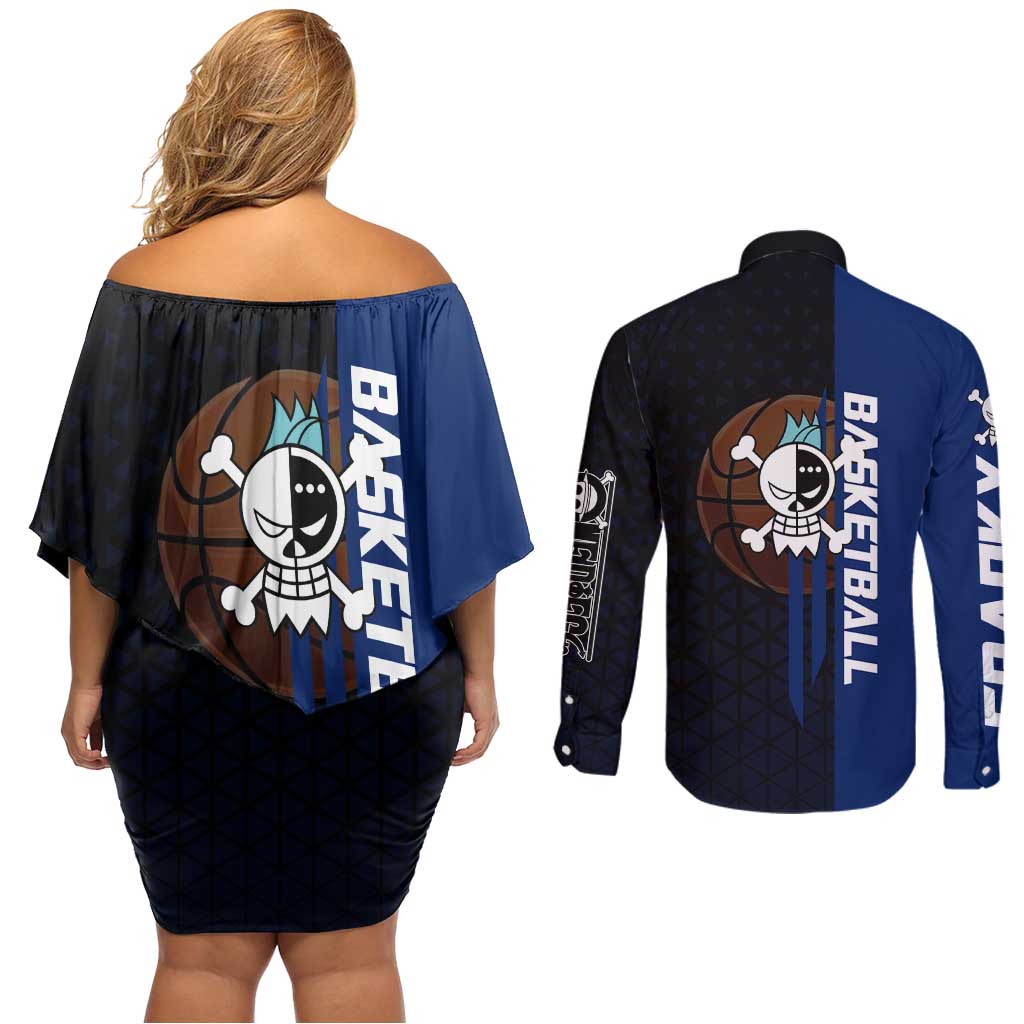Franky One Piece Basketball Crossover Design Couples Matching Off Shoulder Short Dress and Long Sleeve Button Shirt with Blue Uniform and Mechanical Arm Action Pose - The Mazicc