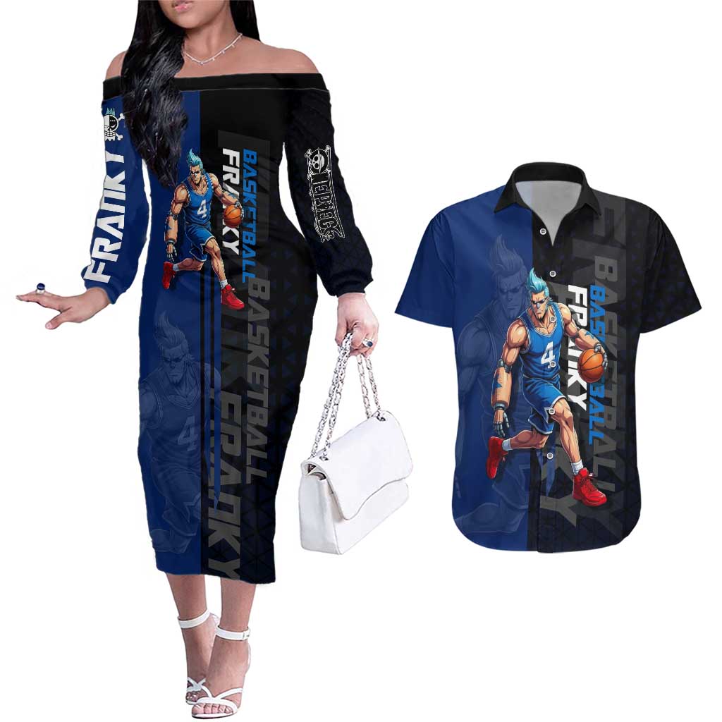 Franky One Piece Basketball Crossover Design Couples Matching Off The Shoulder Long Sleeve Dress and Hawaiian Shirt with Blue Uniform and Mechanical Arm Action Pose - The Mazicc