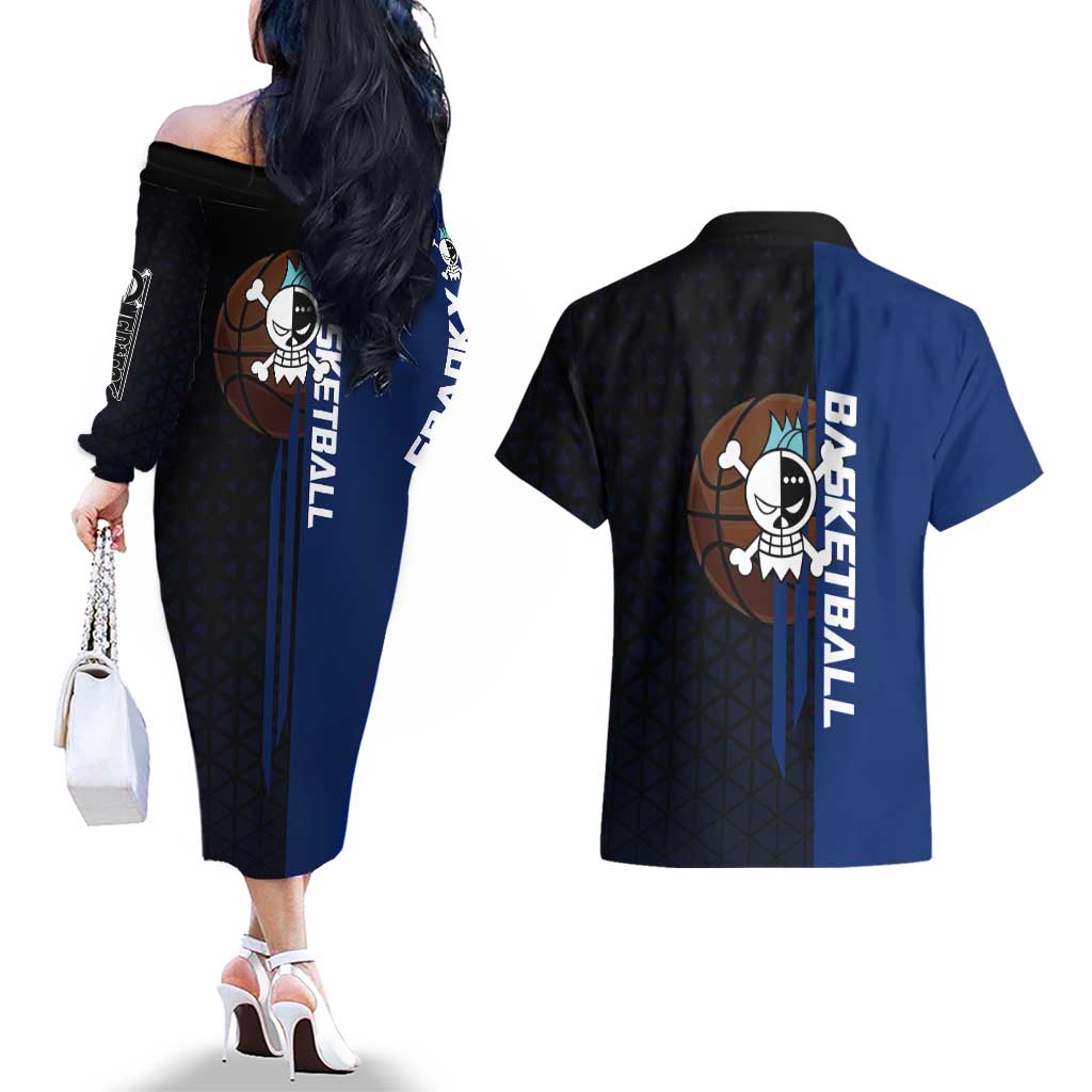 Franky One Piece Basketball Crossover Design Couples Matching Off The Shoulder Long Sleeve Dress and Hawaiian Shirt with Blue Uniform and Mechanical Arm Action Pose - The Mazicc