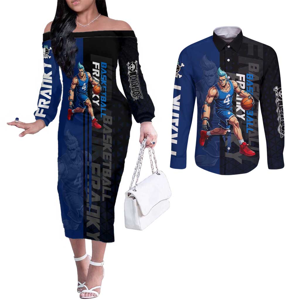 Franky One Piece Basketball Crossover Design Couples Matching Off The Shoulder Long Sleeve Dress and Long Sleeve Button Shirt with Blue Uniform and Mechanical Arm Action Pose - The Mazicc
