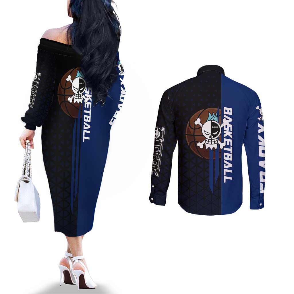 Franky One Piece Basketball Crossover Design Couples Matching Off The Shoulder Long Sleeve Dress and Long Sleeve Button Shirt with Blue Uniform and Mechanical Arm Action Pose - The Mazicc
