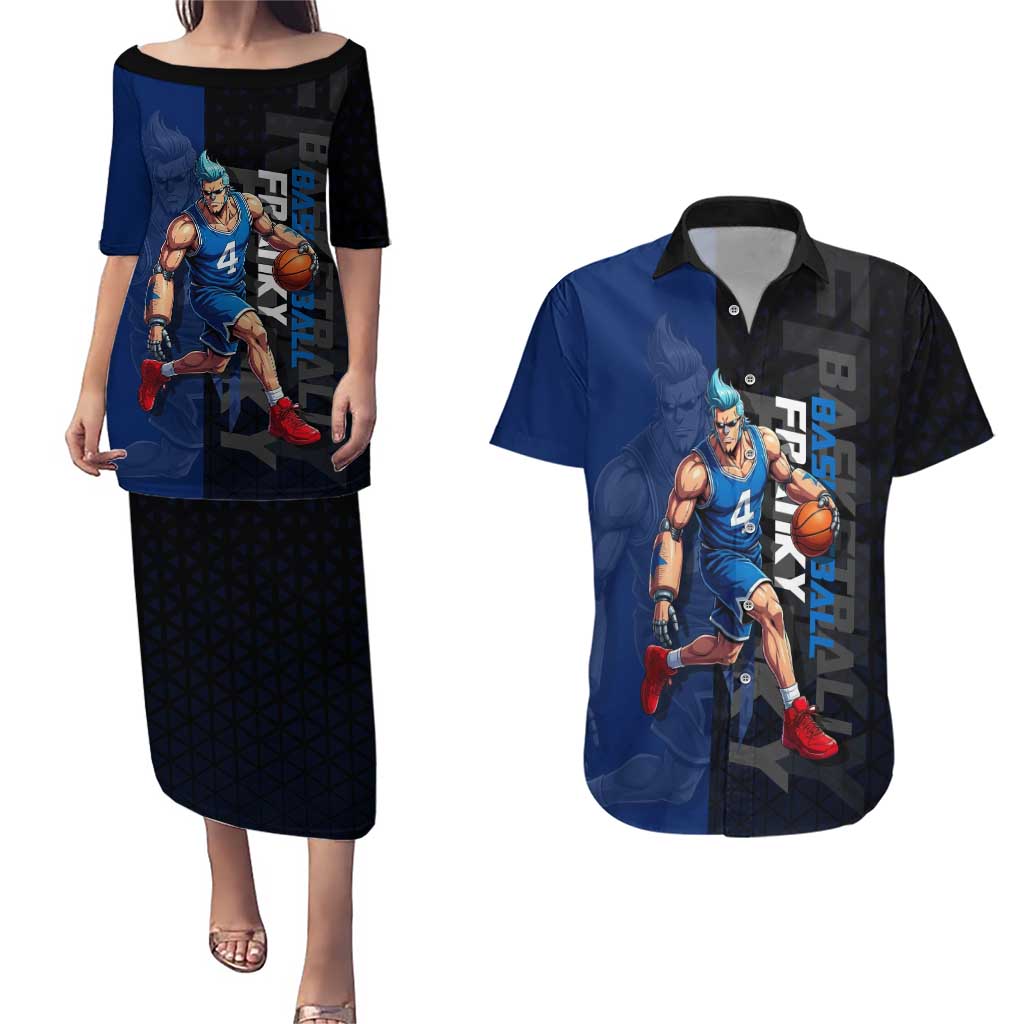 Franky One Piece Basketball Crossover Design Couples Matching Puletasi and Hawaiian Shirt with Blue Uniform and Mechanical Arm Action Pose - The Mazicc