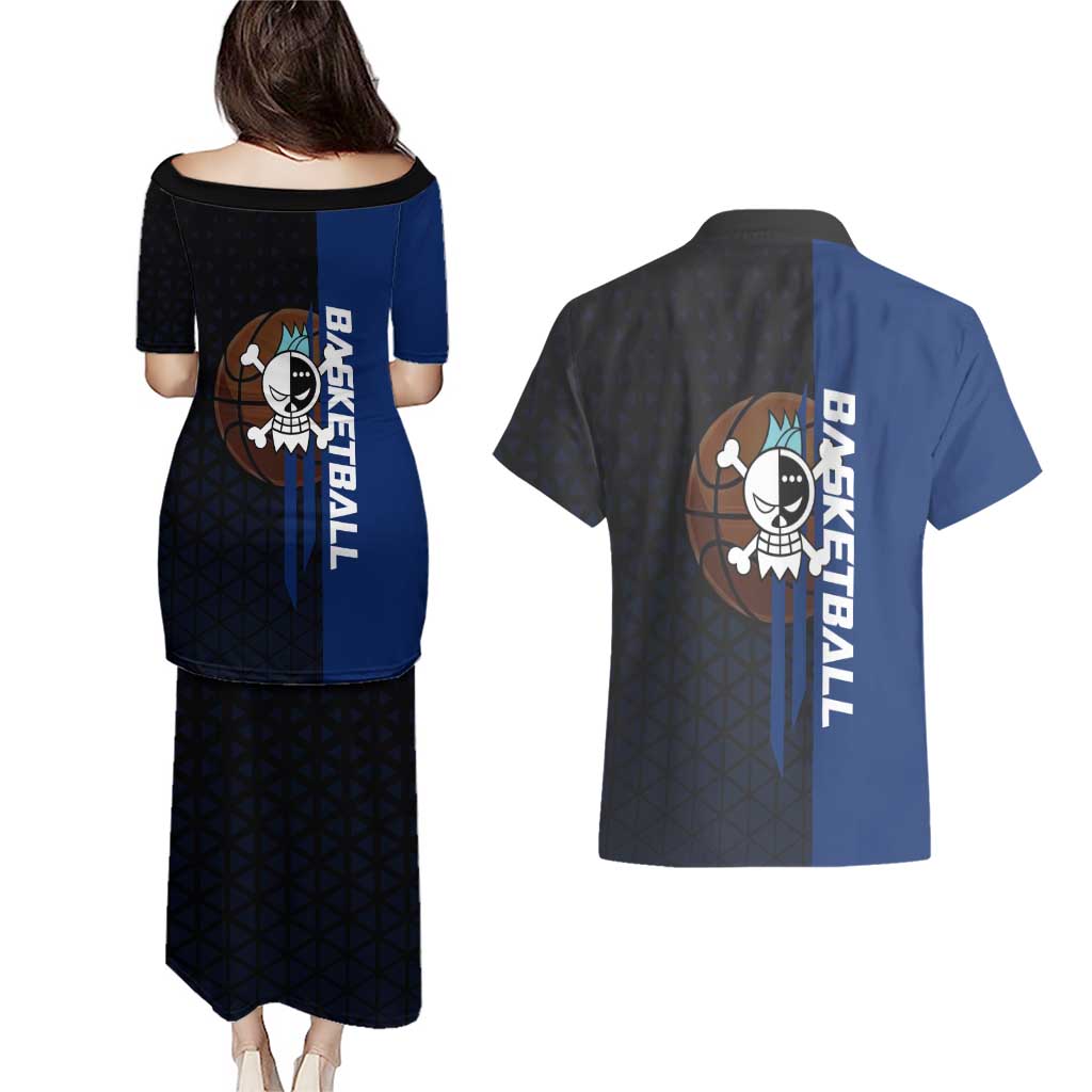 Franky One Piece Basketball Crossover Design Couples Matching Puletasi and Hawaiian Shirt with Blue Uniform and Mechanical Arm Action Pose - The Mazicc