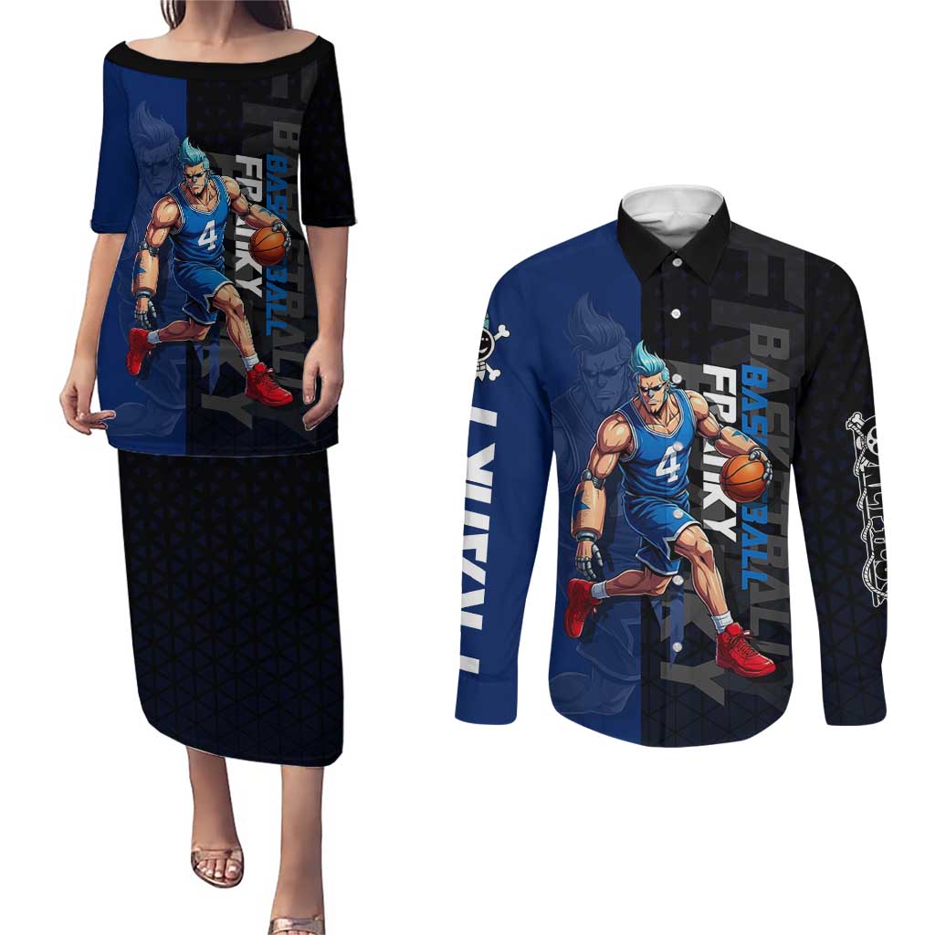 Franky One Piece Basketball Crossover Design Couples Matching Puletasi and Long Sleeve Button Shirt with Blue Uniform and Mechanical Arm Action Pose - The Mazicc