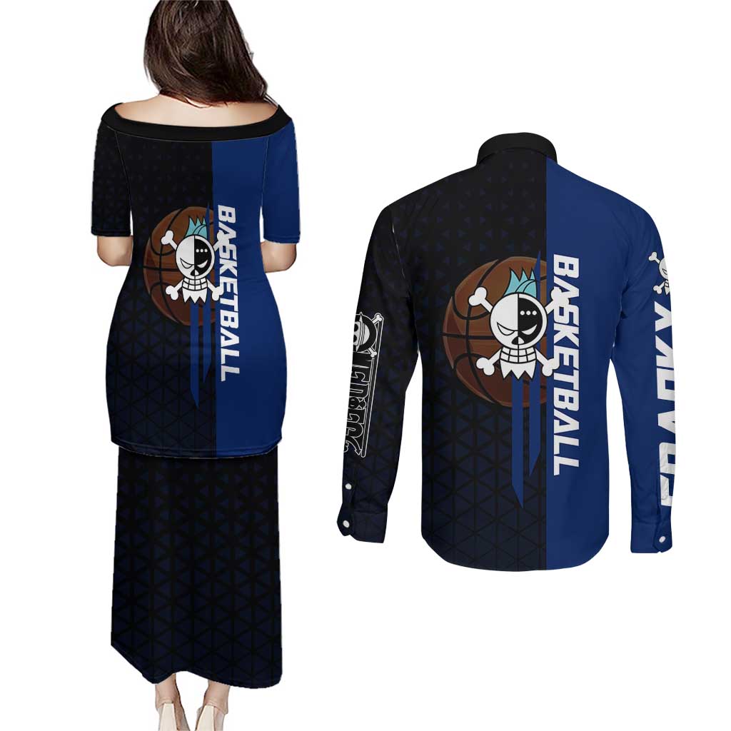 Franky One Piece Basketball Crossover Design Couples Matching Puletasi and Long Sleeve Button Shirt with Blue Uniform and Mechanical Arm Action Pose - The Mazicc