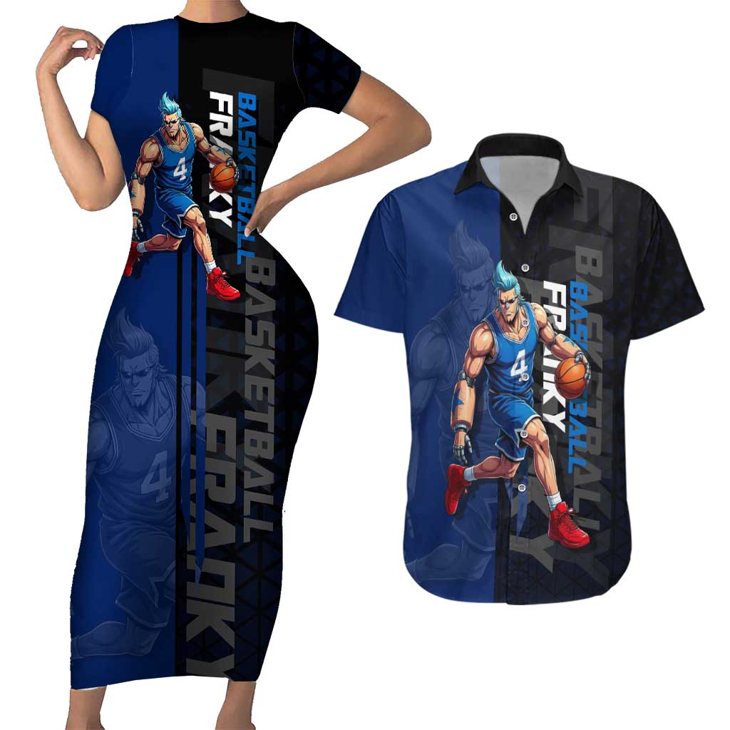 Franky One Piece Basketball Crossover Design Couples Matching Short Sleeve Bodycon Dress and Hawaiian Shirt with Blue Uniform and Mechanical Arm Action Pose - The Mazicc