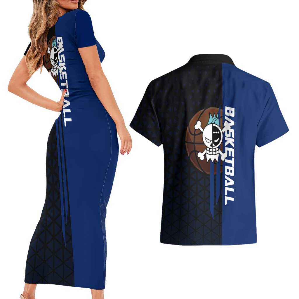 Franky One Piece Basketball Crossover Design Couples Matching Short Sleeve Bodycon Dress and Hawaiian Shirt with Blue Uniform and Mechanical Arm Action Pose - The Mazicc