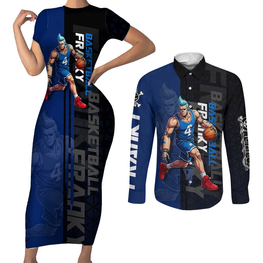 Franky One Piece Basketball Crossover Design Couples Matching Short Sleeve Bodycon Dress and Long Sleeve Button Shirt with Blue Uniform and Mechanical Arm Action Pose - The Mazicc