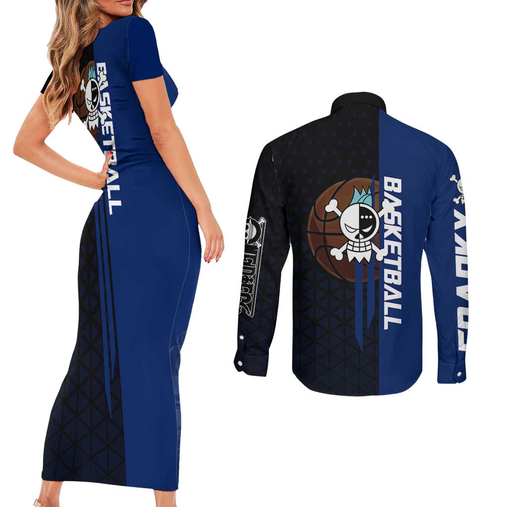 Franky One Piece Basketball Crossover Design Couples Matching Short Sleeve Bodycon Dress and Long Sleeve Button Shirt with Blue Uniform and Mechanical Arm Action Pose - The Mazicc