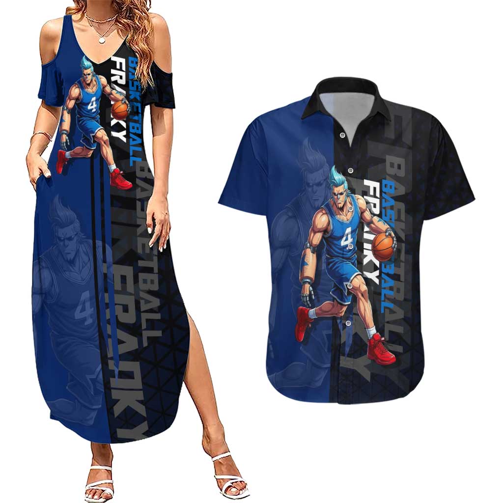 Franky One Piece Basketball Crossover Design Couples Matching Summer Maxi Dress and Hawaiian Shirt with Blue Uniform and Mechanical Arm Action Pose - The Mazicc
