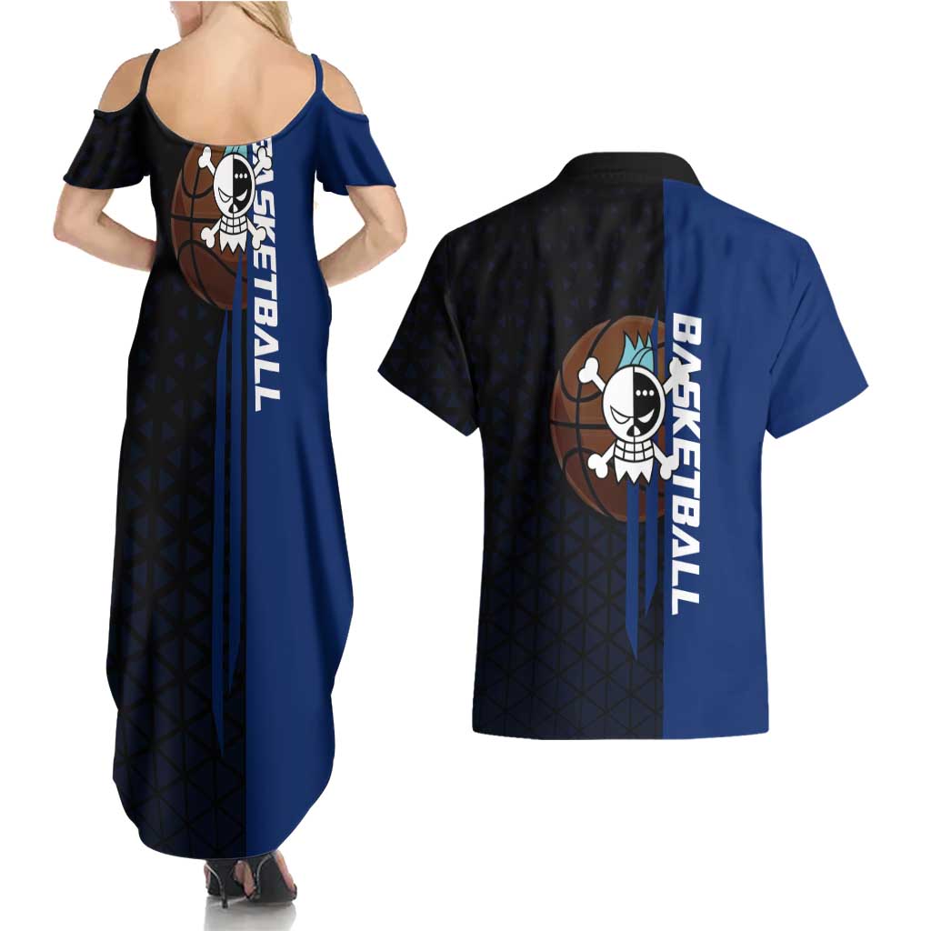 Franky One Piece Basketball Crossover Design Couples Matching Summer Maxi Dress and Hawaiian Shirt with Blue Uniform and Mechanical Arm Action Pose - The Mazicc