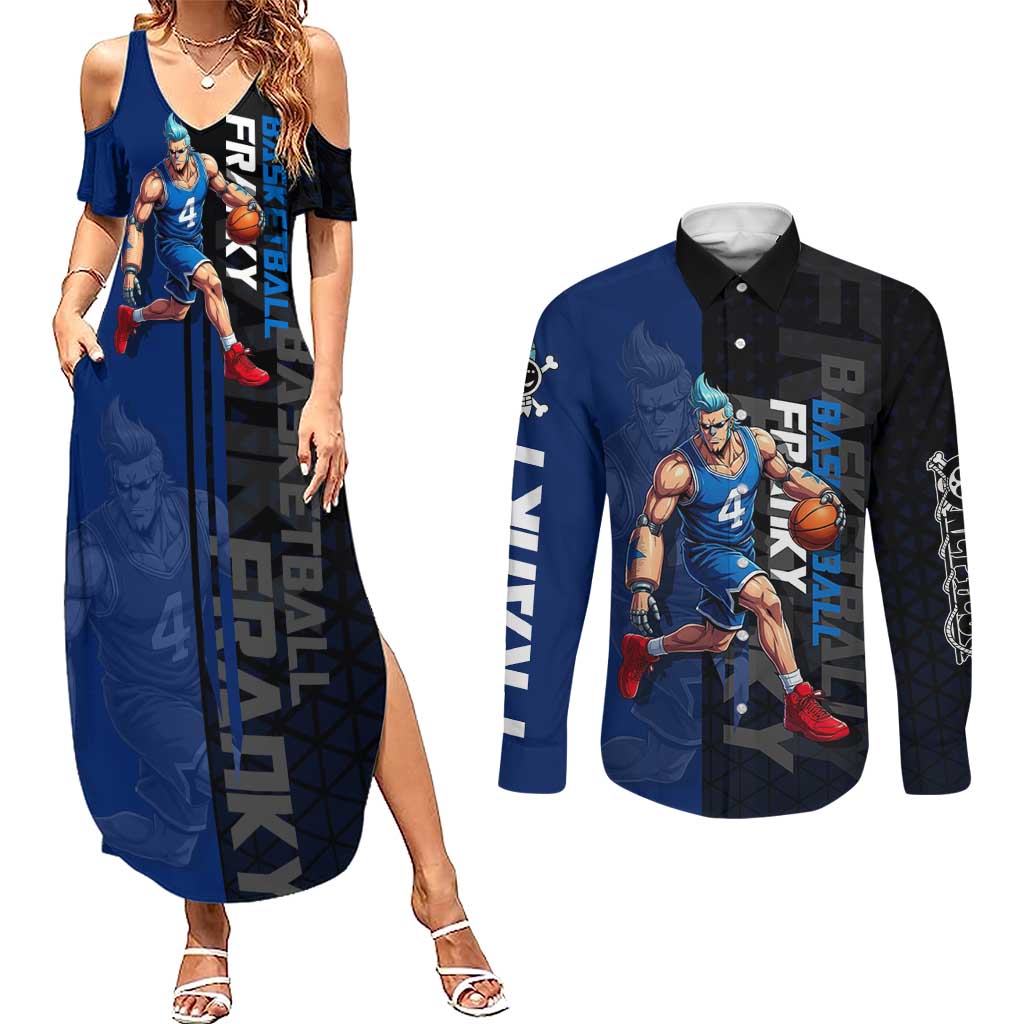 Franky One Piece Basketball Crossover Design Couples Matching Summer Maxi Dress and Long Sleeve Button Shirt with Blue Uniform and Mechanical Arm Action Pose - The Mazicc