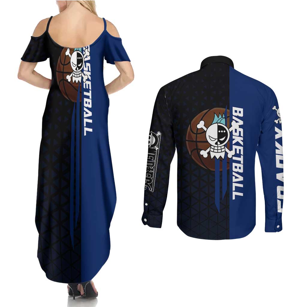 Franky One Piece Basketball Crossover Design Couples Matching Summer Maxi Dress and Long Sleeve Button Shirt with Blue Uniform and Mechanical Arm Action Pose - The Mazicc